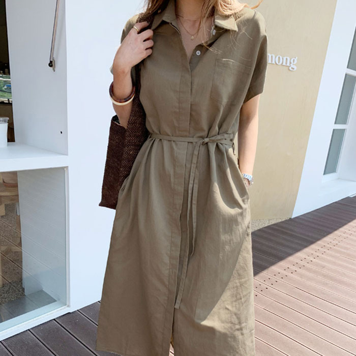 Simple Short Sleeved Dress Manufacturer Button Shirt Dress Wholesale Cotton Solid Color Dress Factory Directly