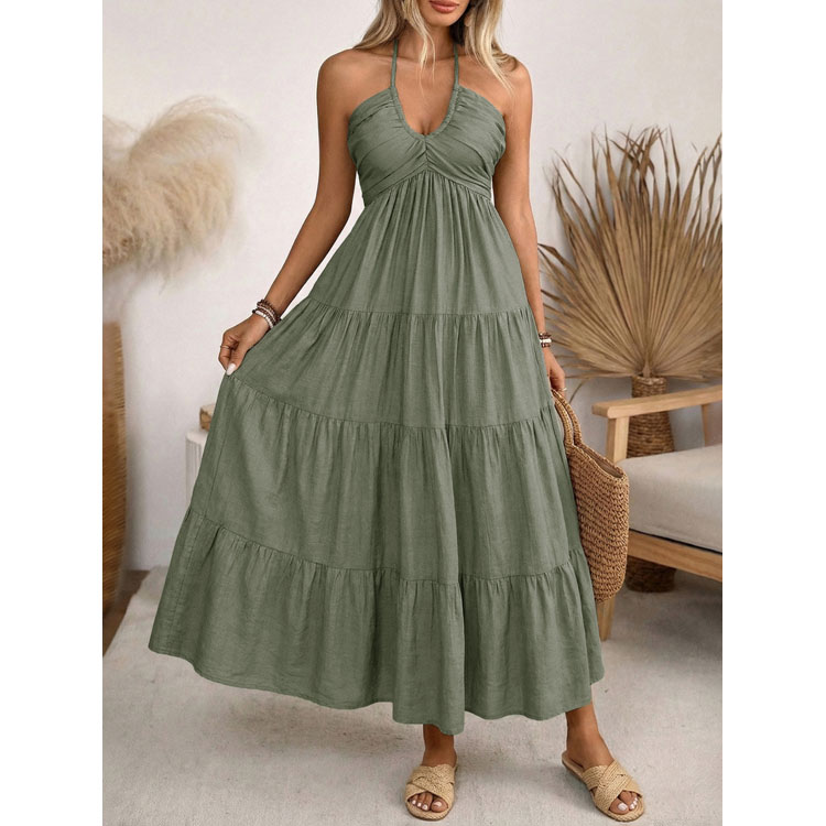Wenshuo Simple Solid Color Dress Wholesale Halter Neck Casual Dress Custom logo Loose Long Dress Factory Direct
