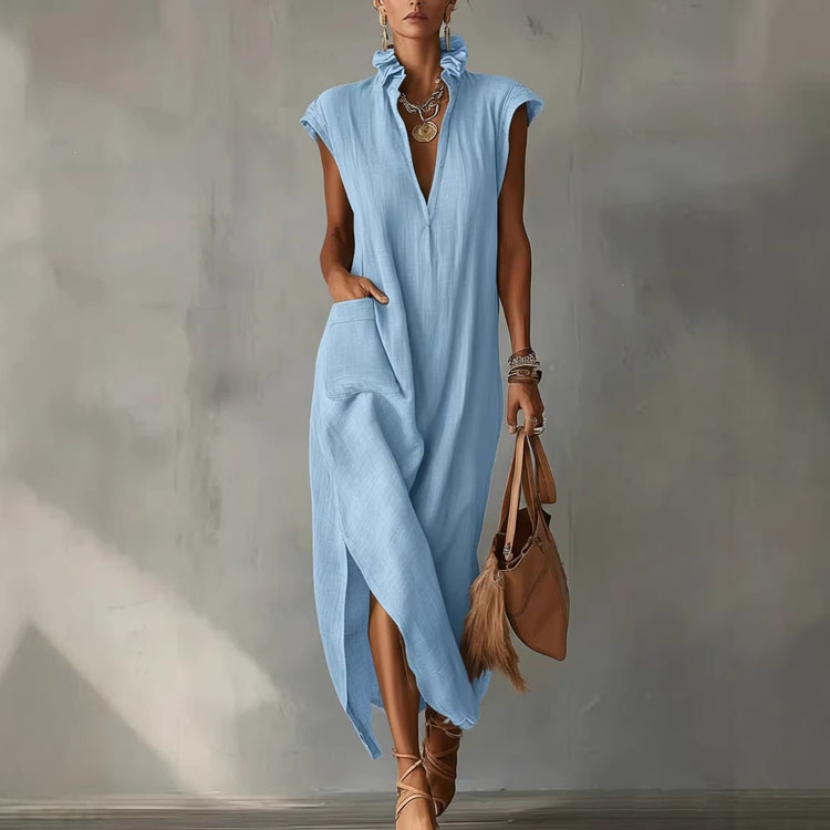 Wenshuo Sleeveless V Neck Dress Wholesale Simple Solid Color Dress Custom logo Fashion Summer Dress Factory Direct