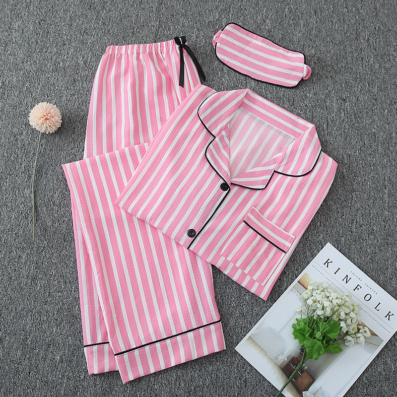 2025 Striped Pajamas Women Long Sleeve Women Three Piece Sleepwear Cotton Casual Suits Factory Directly