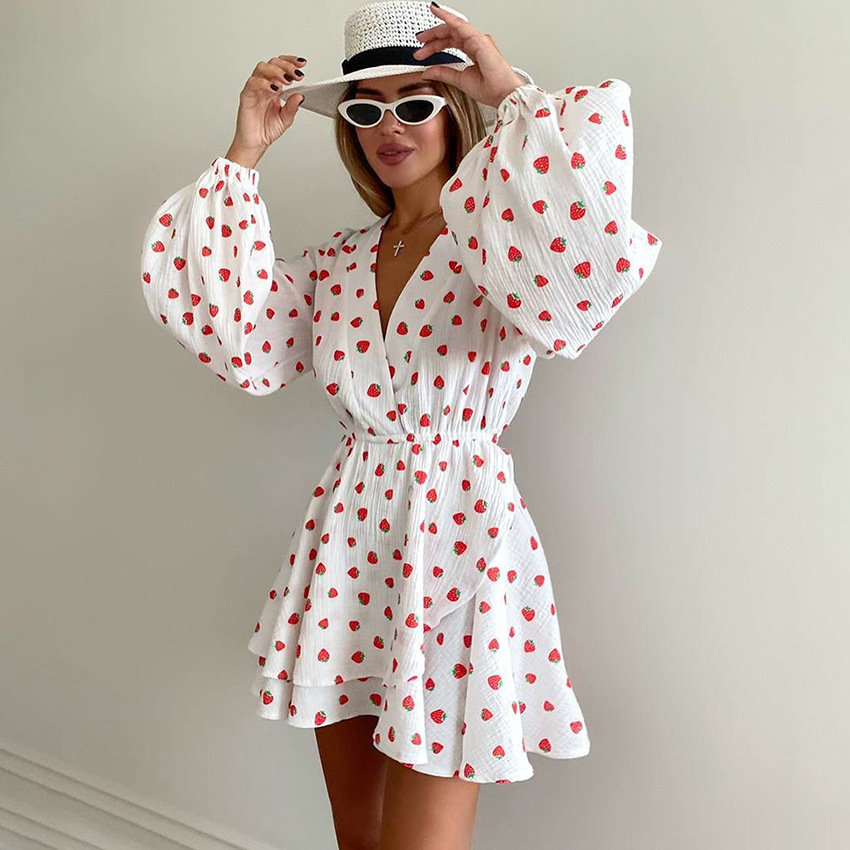 Pure Cotton Nightdress Manufacturer Strawberry Print Soft Nightgown V Neck Pleated Skirt Factory Directly