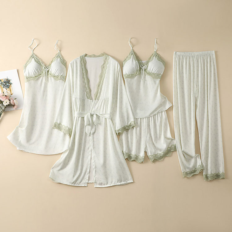 Lace Breathable Pajamas Custom logo Soft Five Piece Pajamas Factory Directly Casual Pajamas with Bra Pads Wholesale