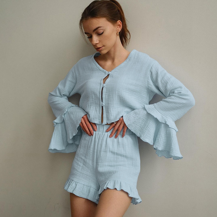Ruffle Shorts Factory Directly Pure Cotton Pajamas Manufacturer Solid Color Soft Pajamas Two Piece Set
