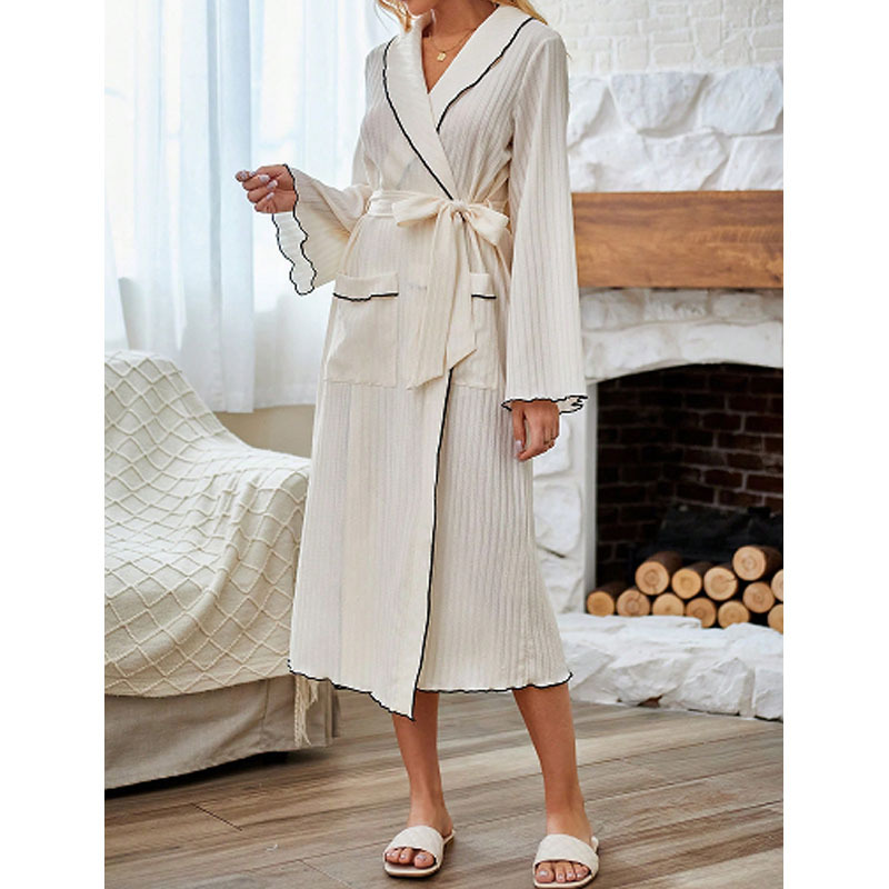 Contrast Color Long Sleeve Pajamas Ribbon Waist Robe Manufacturer Loose Home Clothes Factory Directly