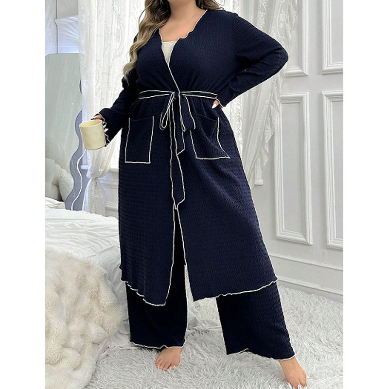 Plus Size Cardigan Robe Set Waisted Solid Color Nightgown Manufacturer Loose Pants Factory Directly