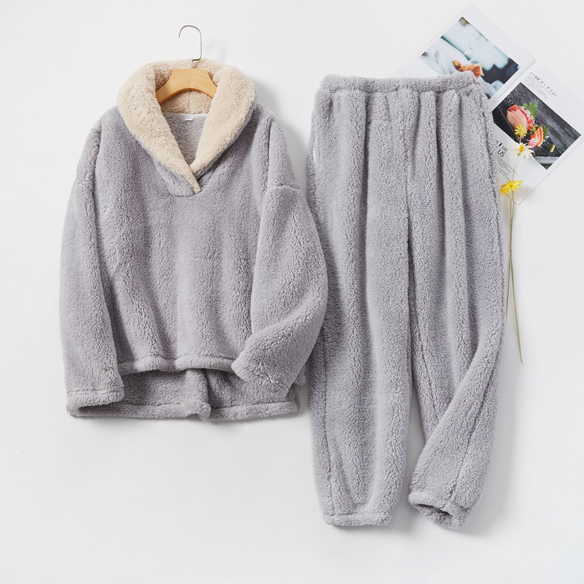 S-2XL Fashionable Soft Pajamas Set Manufacturer Pure Color Warm Plush Pajamas Drawstring Pants Factory Directly