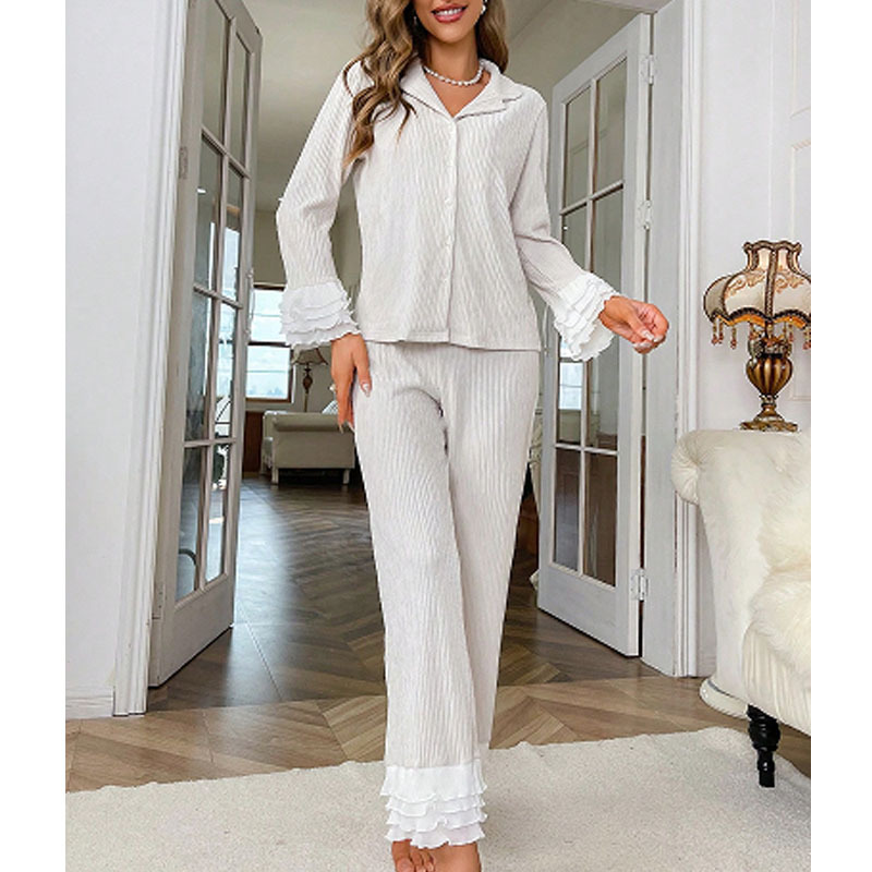 Lapel Pajamas Set Manufacturer Lace High End Pajamas Straight Trousers Factory Directly