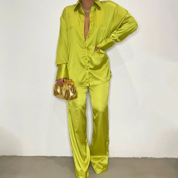 S-2XL Satin Lapel Pajama Set Manufacturer Solid Color Long Sleeved Pajama Set Loose Pants Factory Directly