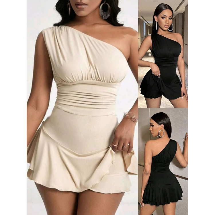 Wholesale 2025 One Piece Bikini Solid Color One Shoulder Shorts Swimsuit Ruffle Short Skirt Swimwear Women