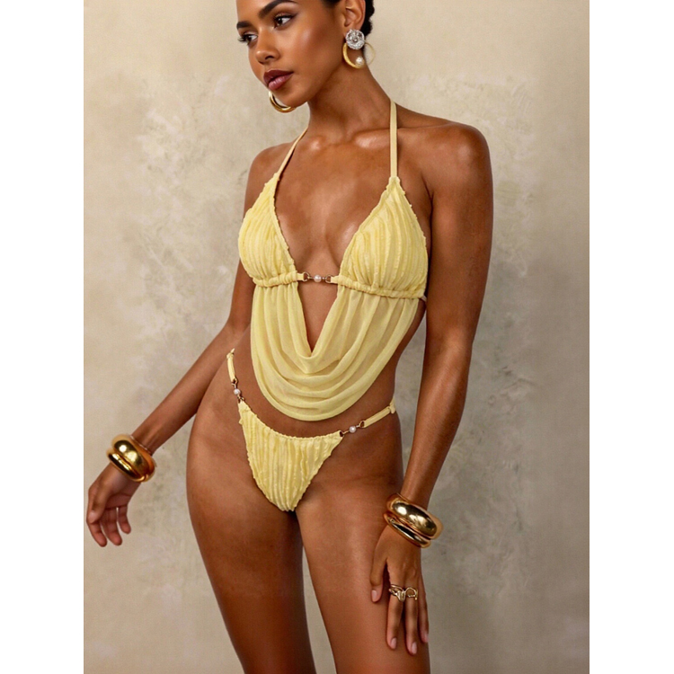 2026 New Yellow Casual Bikini Sexy Backless Pleated Swimsuit Lace Beach Vacation Swimsuit Set