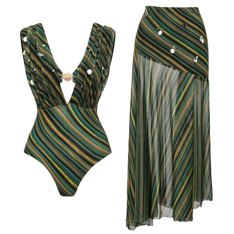 2026 Wholesale Stripe Printed Swimsuit with Contrast Sequin Swimsuit Set for Women