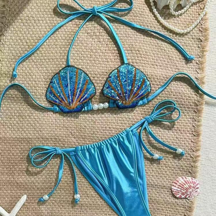 Wholesale Mermaid Shell Bikini Blue Sexy Swimsuit Sequin Bikini Set