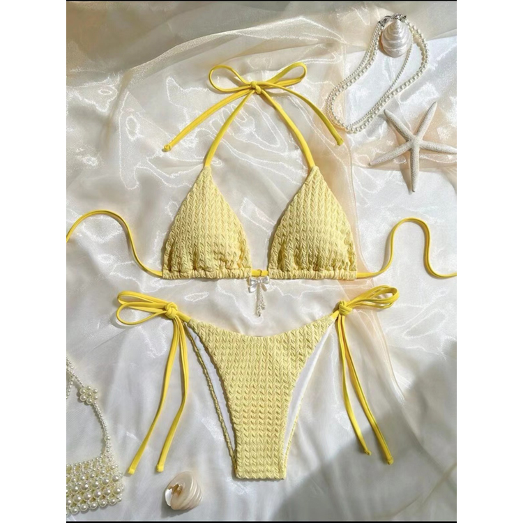 Wholesale Custom Bikini Solid Color Jacquard Fabric Swimsuit Sexy Backless Strap Bikini Beachwear