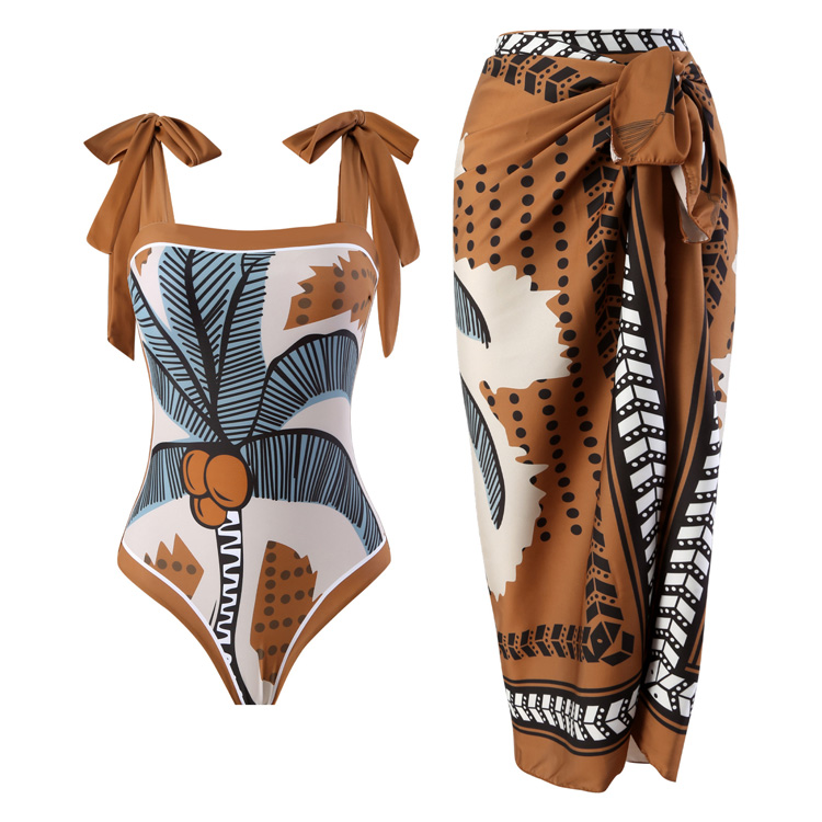 New French Retro Printed One Piece Swimsuit Vacation Hot Spring Bikini Set