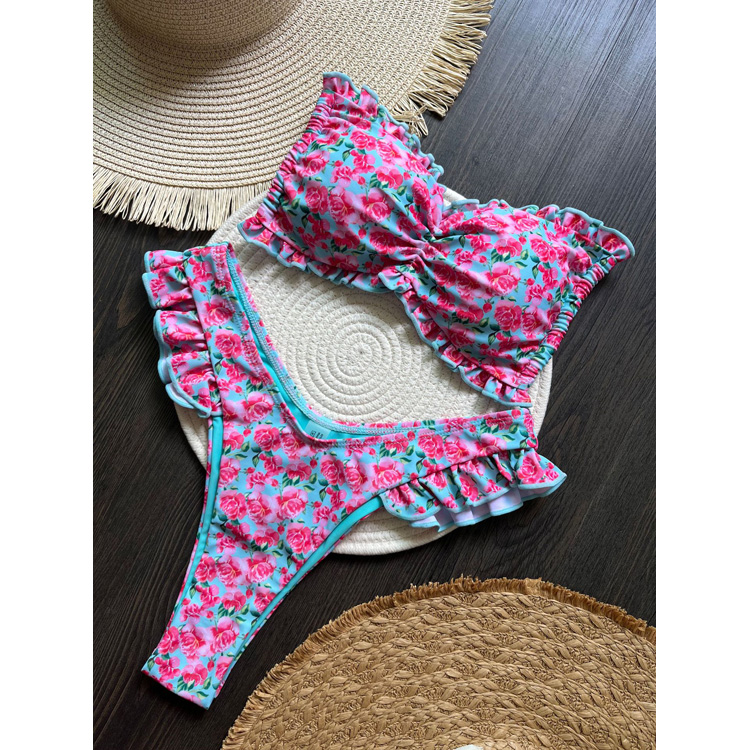 Hot Sale Floral Print Bikini Ruffle Bikini Set High Cut Tube Top Bikini