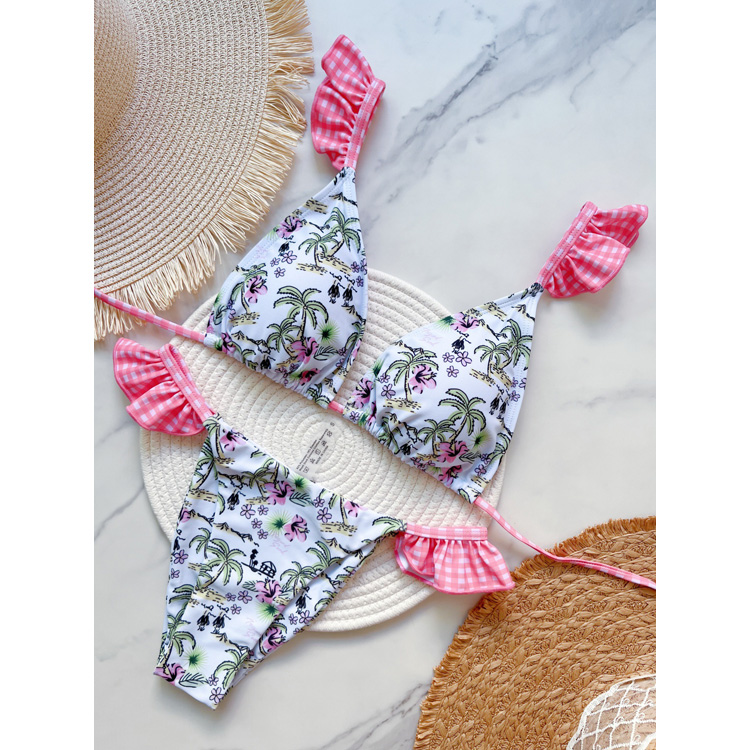 New Arrival Pink Girls Swimwear Cute Ruffle Bikini Coconut Print Bandage Swimsuit