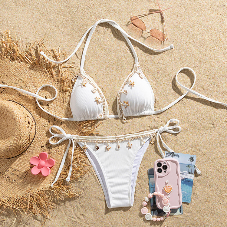 Customized Shell Bikini Solid Color Beach Bikini Sexy Ribbed Bandage Swimwear