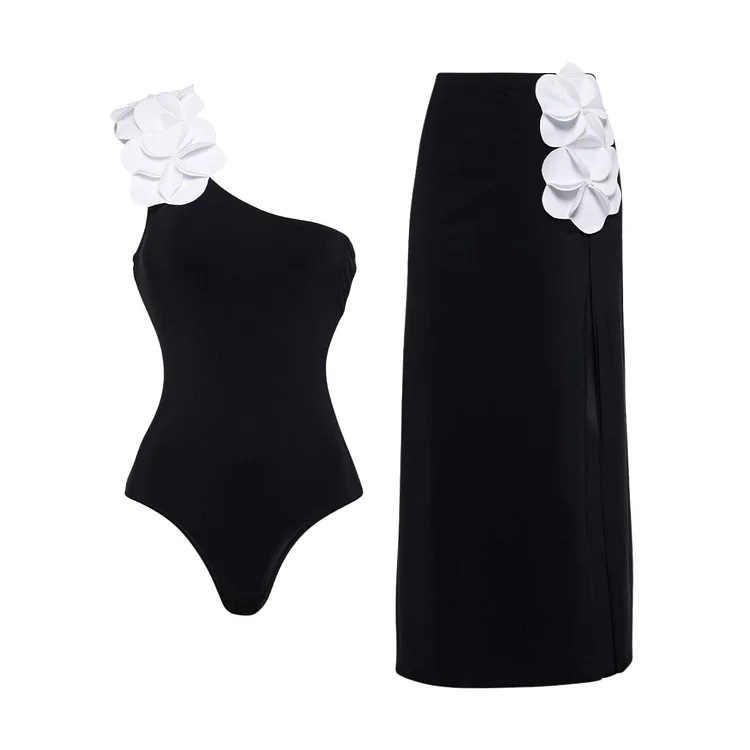 New 3D Floral Bikini Single Shoulder Black and White Swimsuit for Women