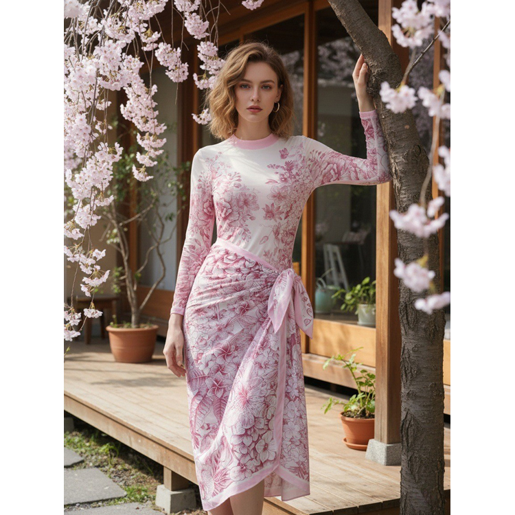 2026 New Floral Print Bikini Elegant Bikini Set Long Sleeved Mesh One Piece Swimsuit for Women