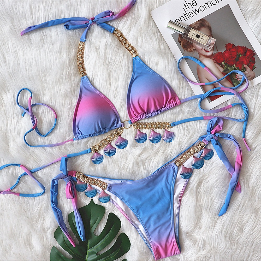 Wholesale Jacquard Fabric Bikinis Sexy Triangle Backless Bikinis Fresh Cute Beach Swimsuits