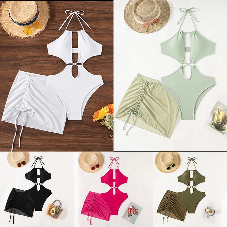 New One Piece Swimsuit Solid Color Sexy Bikini With Sarong Swimsuit Beachwear
