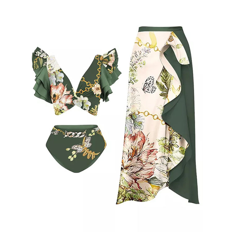 New High Waist Bikini Set Ruffled Sleeve Swimsuit Vintage Print Swimwear
