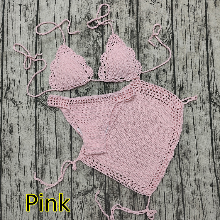 Wholesale Custom Crochet Swimsuit Solid Color Handmade Knitted Bikini Triangle Beach Mini Skirt Swimsuit