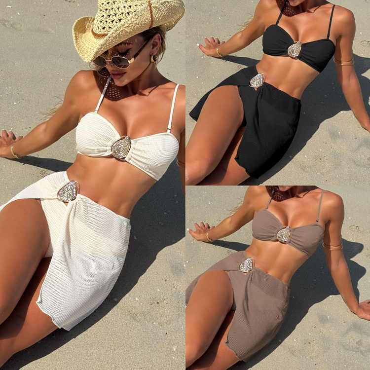 Wholesale Solid Color Beach Bikini Vacation Three Piece Short Skirt Swimsuit Sexy High Waist Swimsuit Bikini