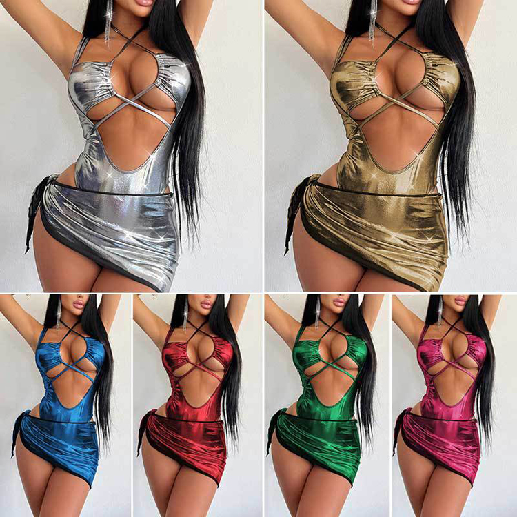 Customized PU Bikini Manufacturer Wholesale Solid Color Swimsuit Slimming Hip Skirt Set Sexy Strap Bikini