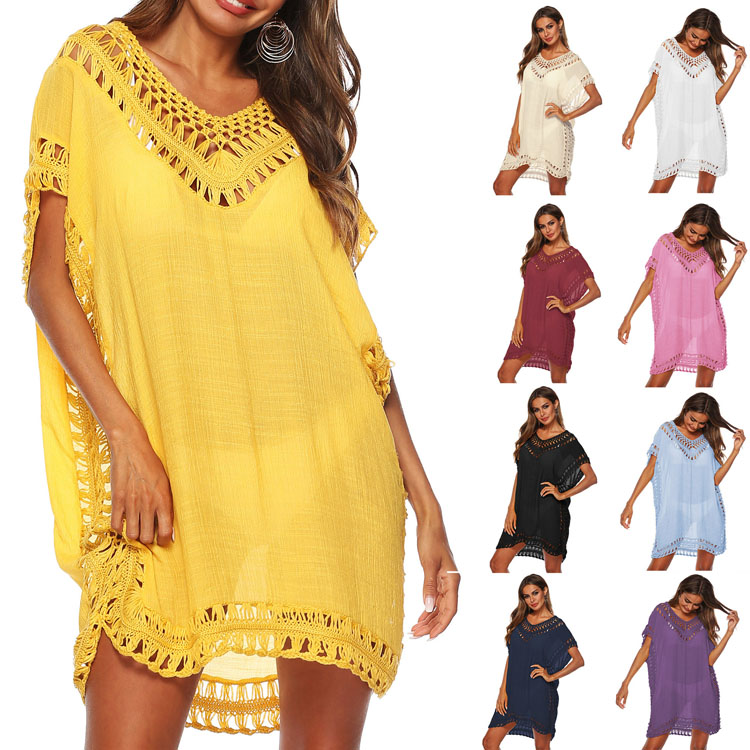 New Solid Color V-Neck Hook Panel Cover Ups Sexy Hollow Loose Beach Cover Ups Dresses
