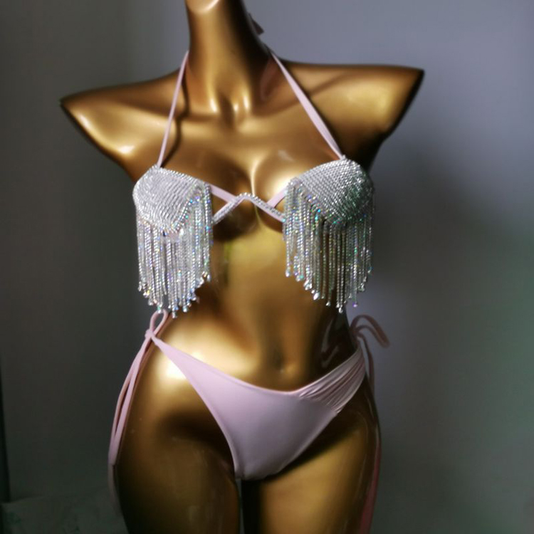 New Nightclub Bikini Push Up Hard Cup Swimsuit Solid Color Diamond Tassel Bikini Set for Women