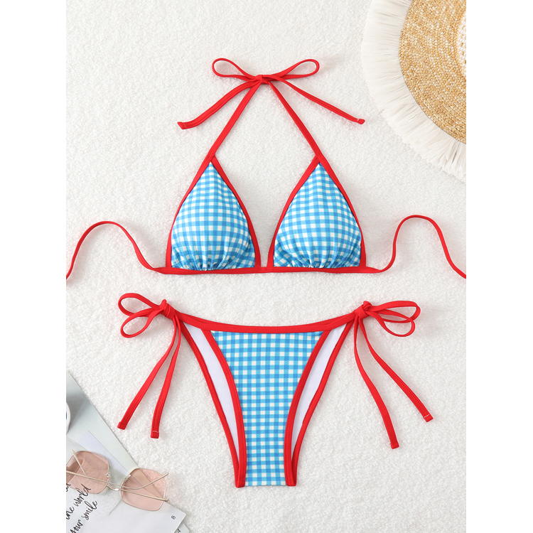 Customized Plaid Printed Bikini Sexy Beach Bikini Halter Triangle Cute Girl Swimsuit Women