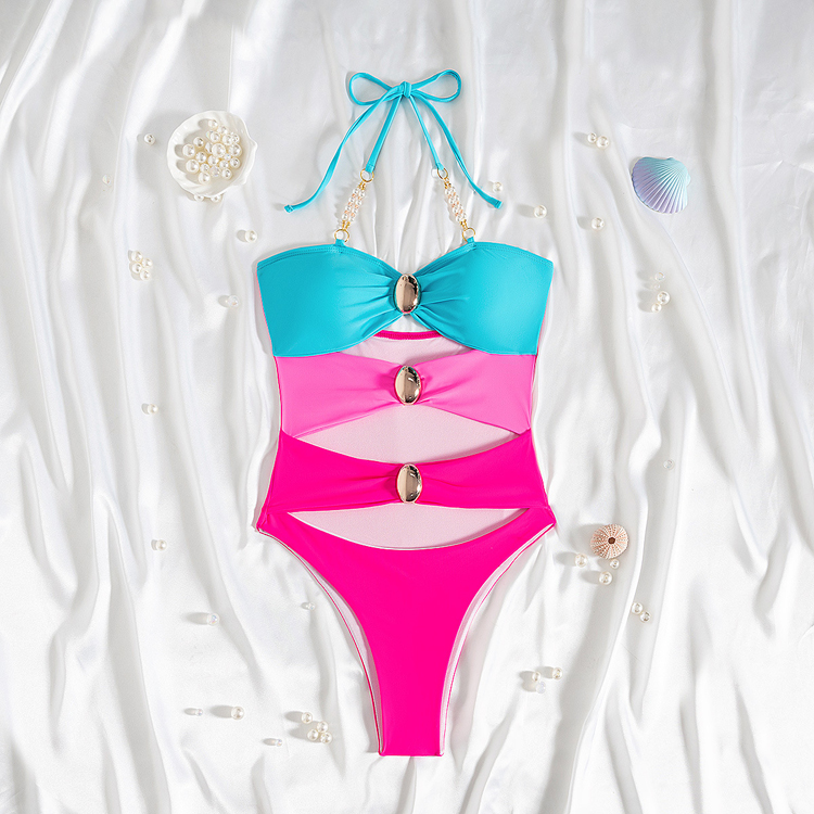Wholesale One Piece Hollow Swimsuit Women Splicing Swimwear Sexy High Cut Bikini