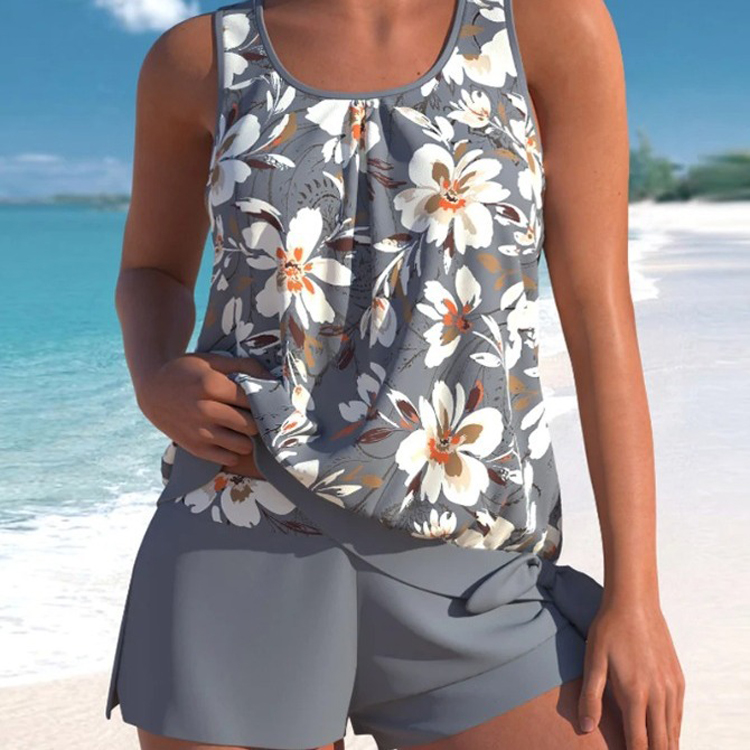 Wholesale Traditional Bikini Flower Plant Printed Swimwear Shorts Swimsuit Set