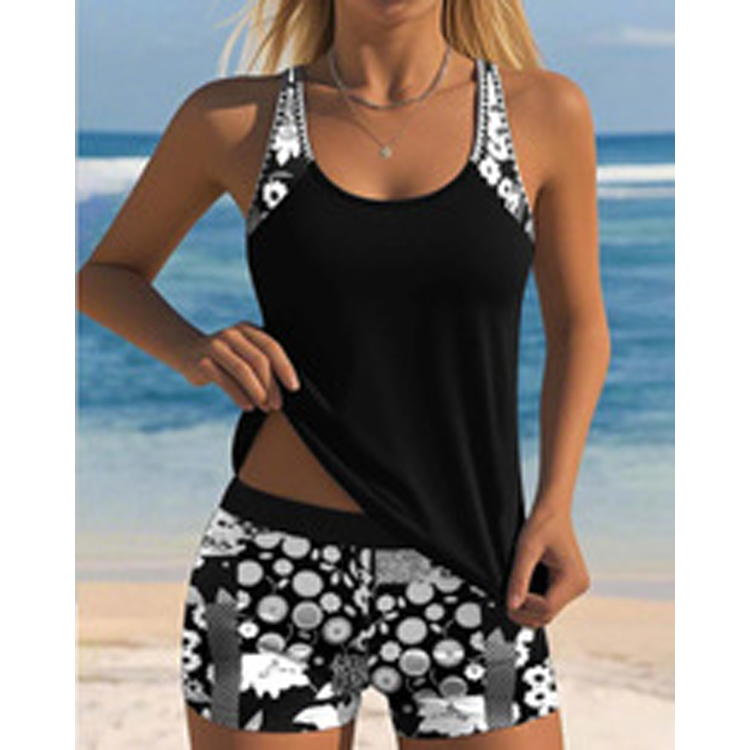 New Retro Printed Tankini Conservative Quick Drying Boxer Shorts Bikini Set
