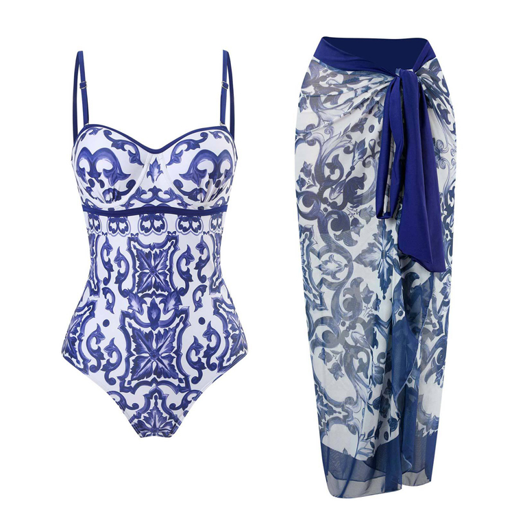 Wholesale Sexy Retro Printed Swimsuit Lace up Chiffon Skirt Swimsuit Set