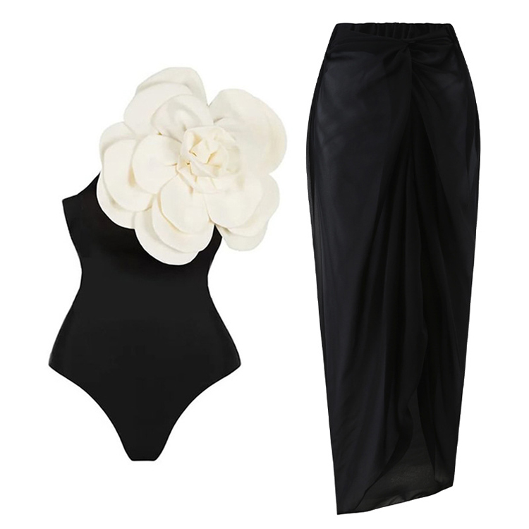New Simple Elegant Swimsuit 3D White Large Flower Bikini Solid Color Sexy One Piece Swimwear
