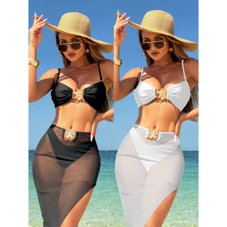 New Solid Color Sexy Bikini Mesh Long Skirt Swimwear Starfish Hollow Swimsuit