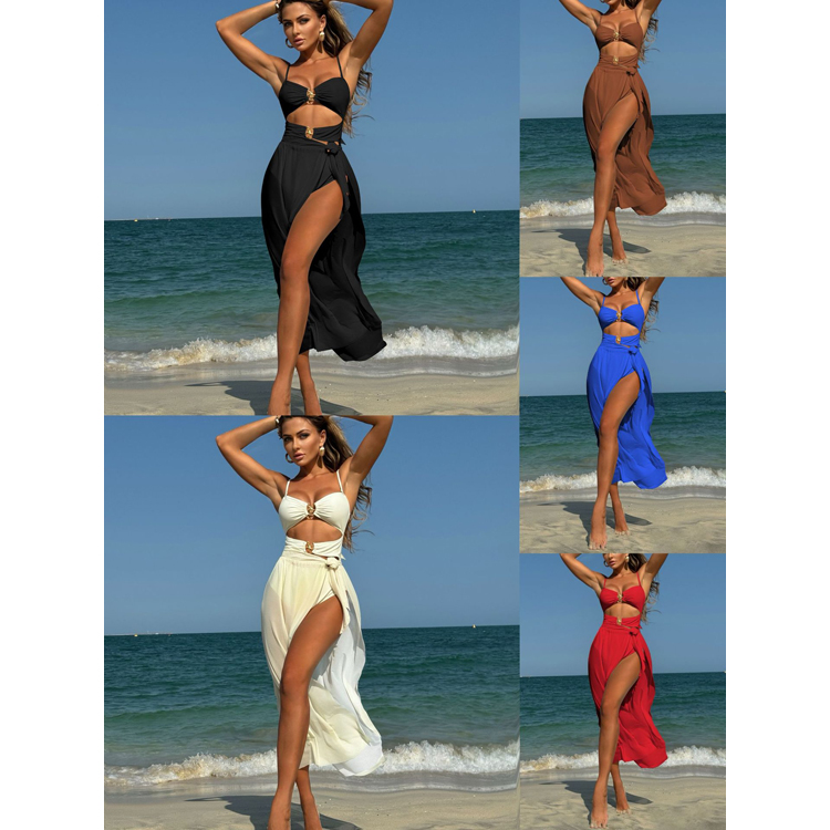 New Solid Color Sexy Mesh Long Skirt Bikini Set Starfish Hollow Swimsuit Strap High Cut Swimsuit for Women
