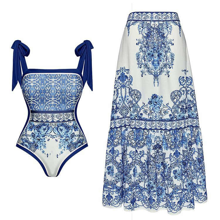 Wholesale Blue and White Porcelain Printed Bikini Set with Bow Tie Swimsuit Elegant Swimsuit Beachwear