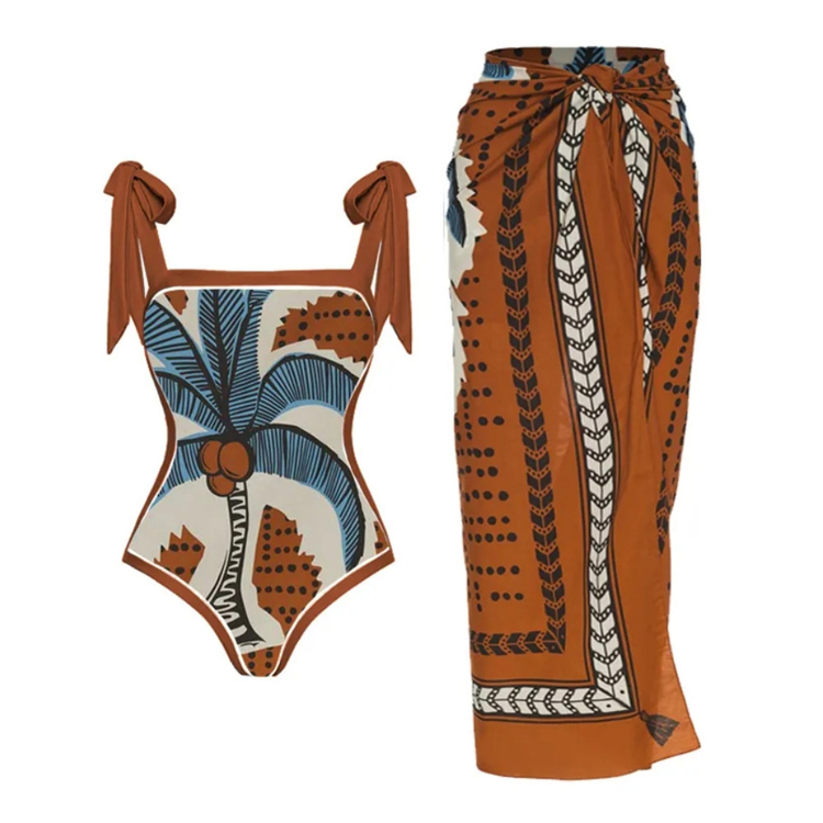 Customized New French Vintage Print One Piece Swimsuit Spa Vacation Beach Dress Palm Tree Print Swimwear