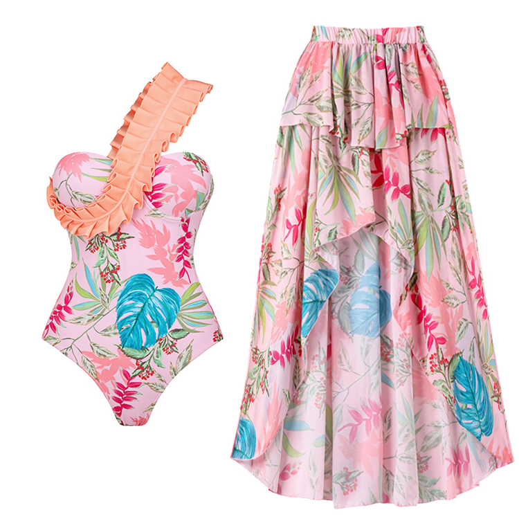Wholesale Pink Elegant Bikini Set with Ruffle Fold One Shoulder Bikini Floral Print Swimsuit