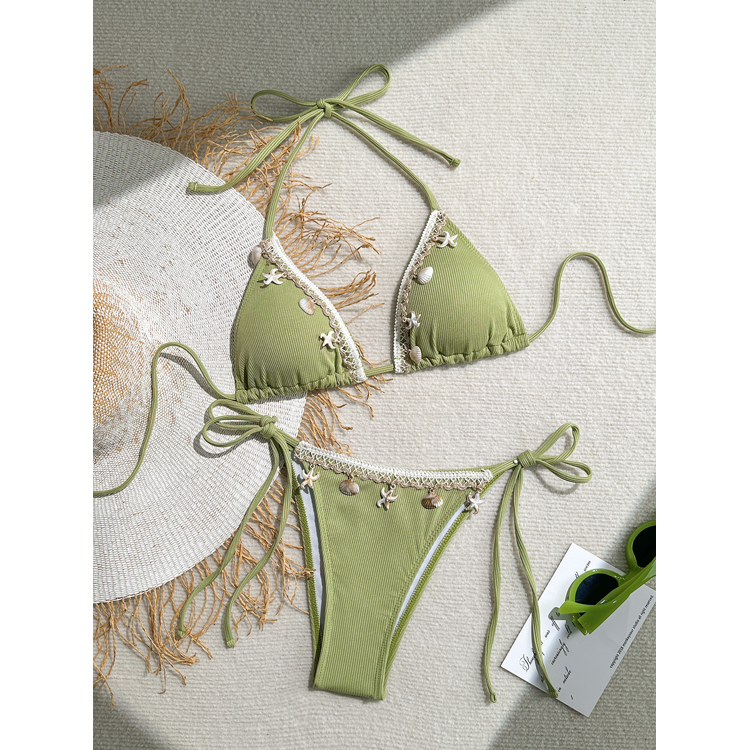 Wholesale Starfish Shell Bikini Solid Color Triangle Sexy Bikini Halter Neck Bandage Strap Swimsuit
