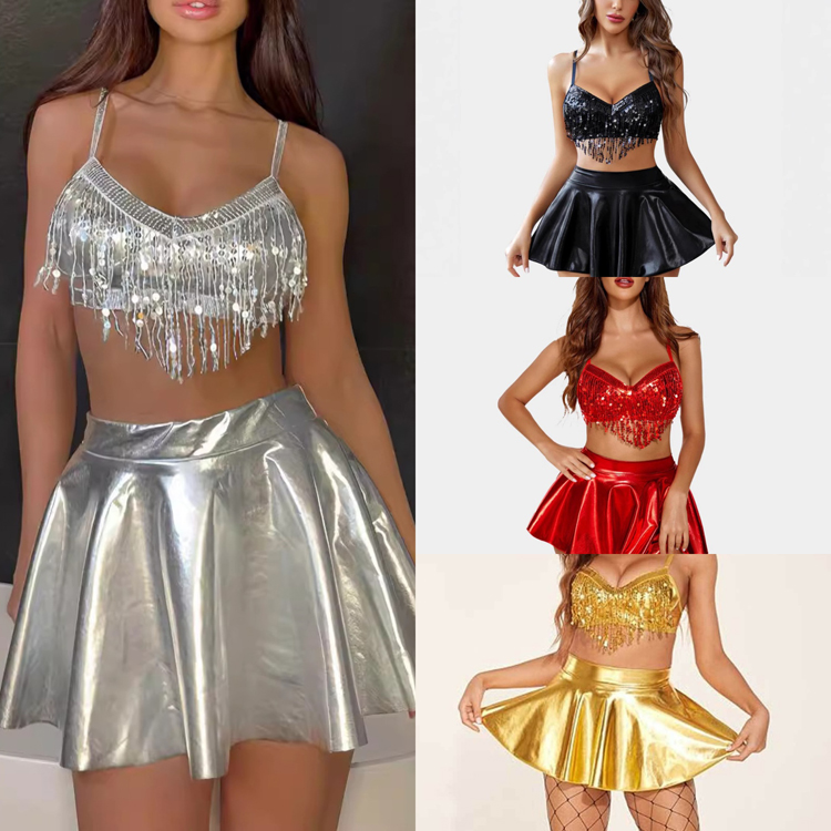 New Music Festival Trendy Solid Color Pu Bikini Sexy Tassel Bra Short Swimsuit Short Skirt Wholesale