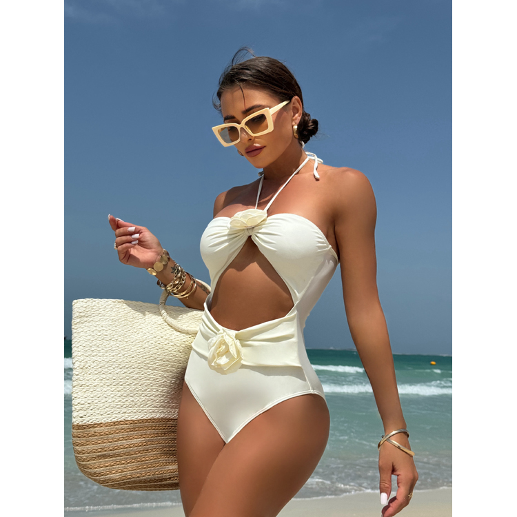 New Drawstring Design Bikini Sexy Halter Neck Hollowed Bikini Solid Color Rose Swimsuit Bikini Beachwear