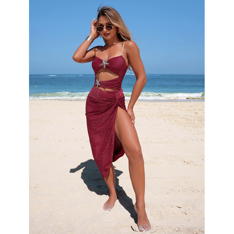 Wholesale Summer Starfish Bikini Set Solid Color Shiny Swimsuit Sexy Hollow Bikini