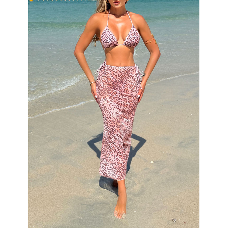 New Mesh Long Skirt Bikini Set Sexy Triangle Swimwear Leopard Print Bikini Swimsuit