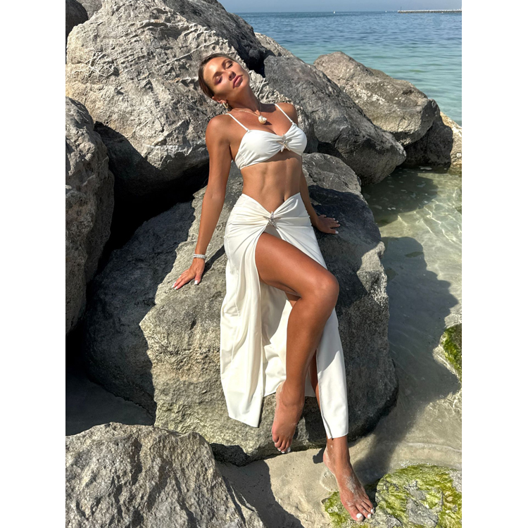 New Solid Color Mesh Long Skirt Bikini Set Sexy Starfish Swimsuit Bikini