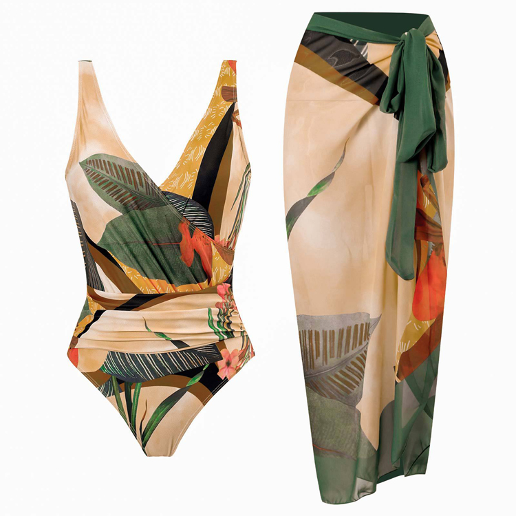New Printed Bikini Swimsuit Chiffon Skirt Swimsuit Set Fashion Girls Swimsuit