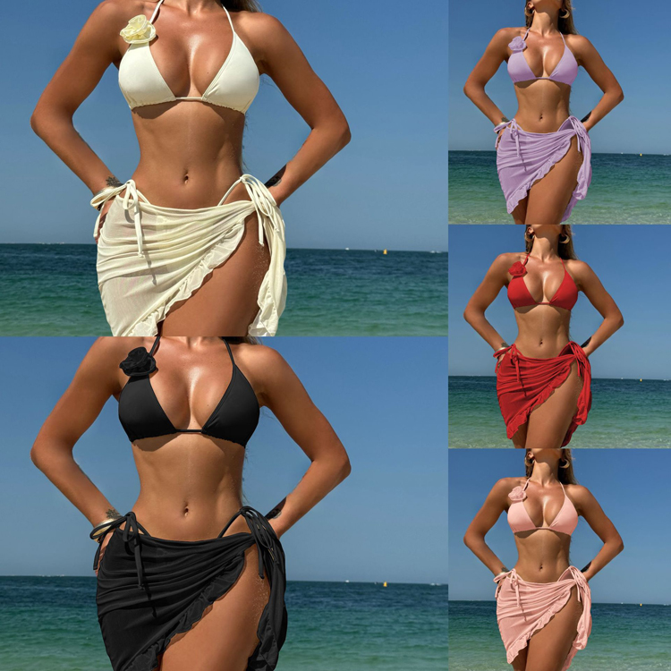 New Solid Color Sexy Rose Bikini Three Piece Mesh Skirt Swimsuit Bikini Set
